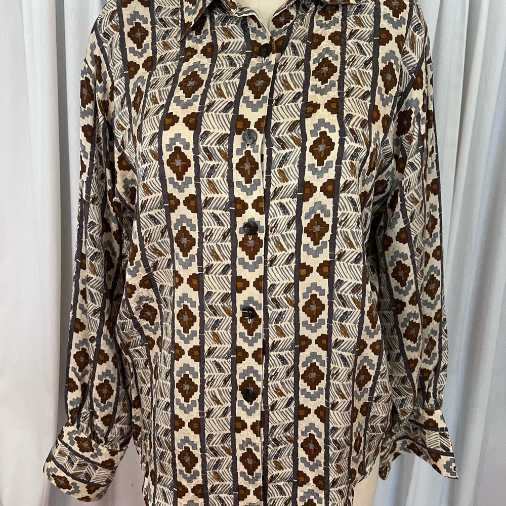 Rodier Silk Vintage womens  Geometric Patterned Shirt - Brown and Black